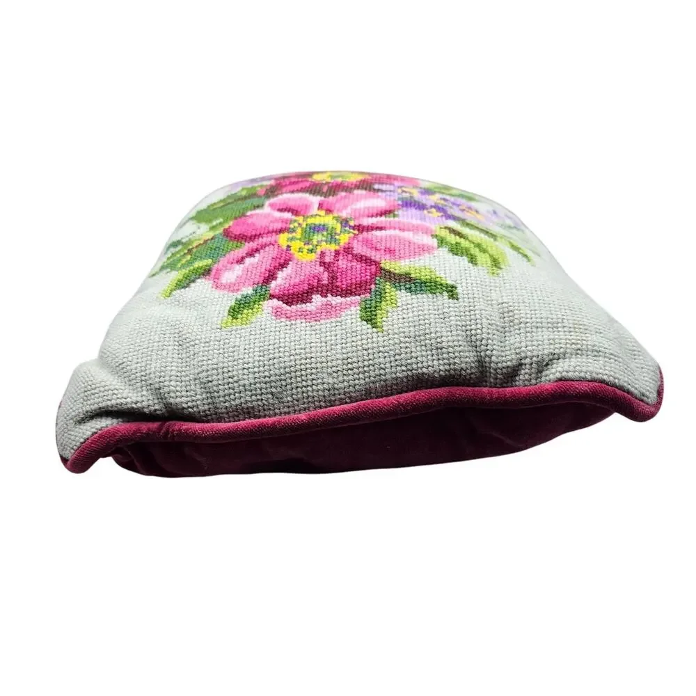 Vintage Floral Needlepoint Throw Pillow Velvet Back 11x11 Boho Cottagecore Pink